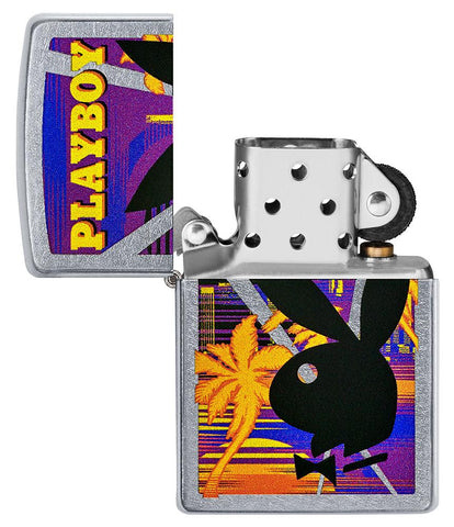 Playboy Beach Rabbit Head Street Chrome™ Windproof Lighter with its lid open and unlit.