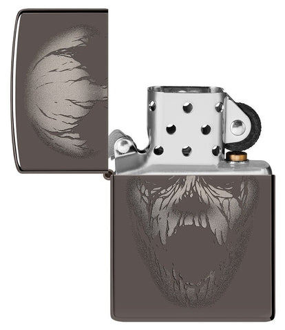 Screaming Monster Design Photo Image Black Ice® Windproof Lighter with its lid open and unlit.