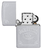 Jack Daniel's® Auto Engraved Satin Chrome Windproof Lighter with its lid open and unlit.