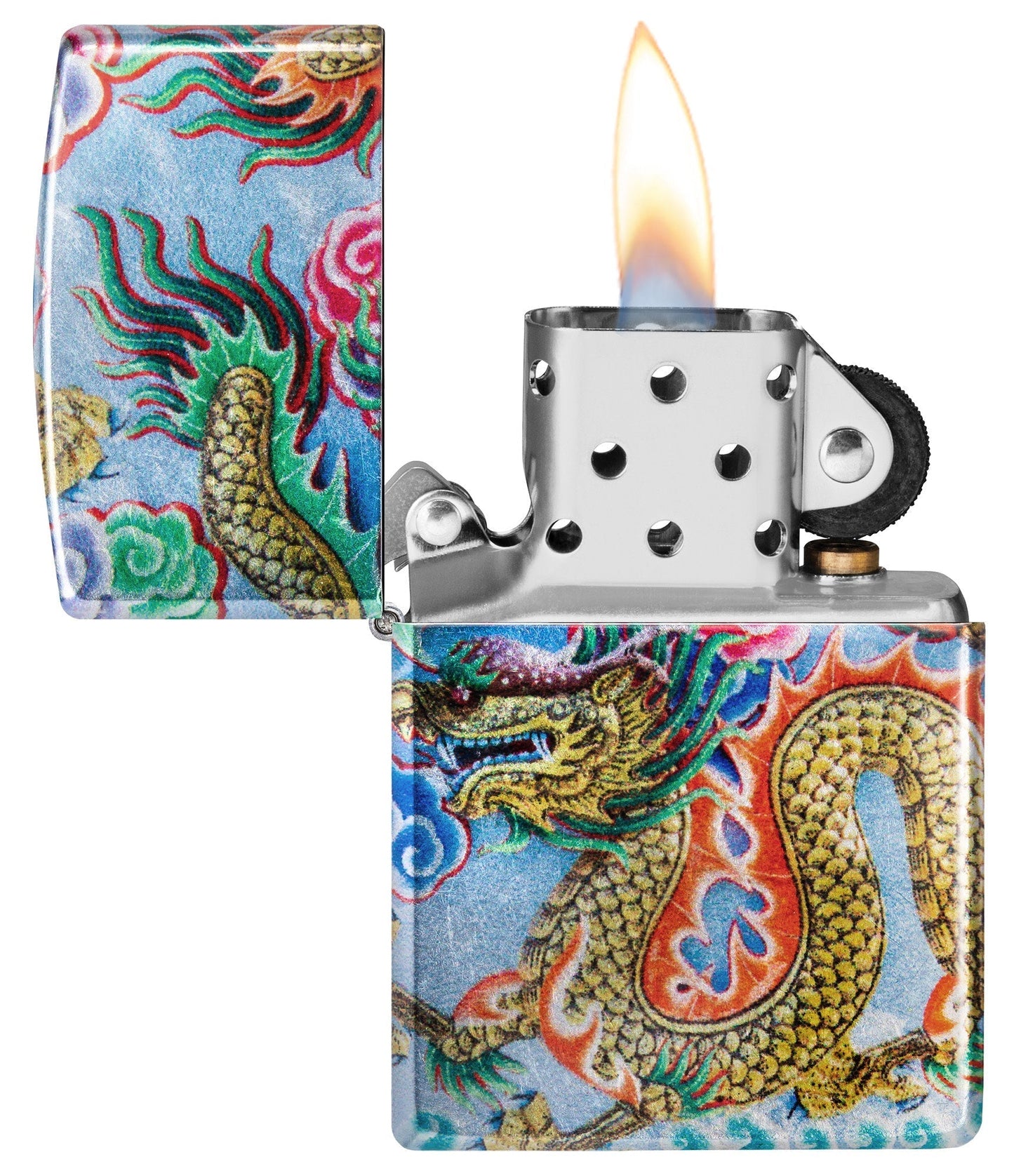 Zippo Dragon Design 540 Fusion Windproof Lighter with its lid open and lit.