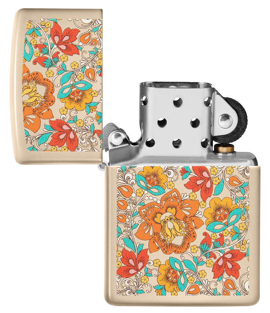 Vintage Floral Design Flat Sand Windproof Lighter with its lid open and unlit.