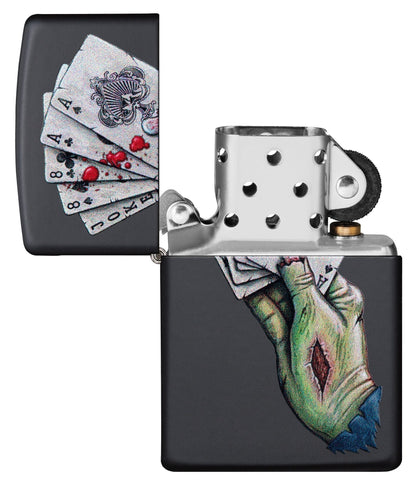 Dead Mans Hand Design Black Matte Windproof Lighter with its lid open and unlit