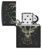 Deer Constellation Design Black Matte Windproof Lighter with its lid open and unlit.