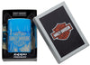 Harley-Davidson 360° Flames High Polish Blue Windproof Lighter in its packaging.