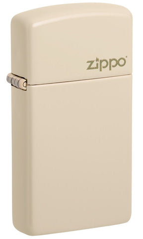 Front shot of Slim® Flat Sand Zippo Logo Windproof Lighter standing at a 3/4 angle