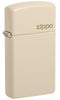 Front shot of Slim® Flat Sand Zippo Logo Windproof Lighter standing at a 3/4 angle