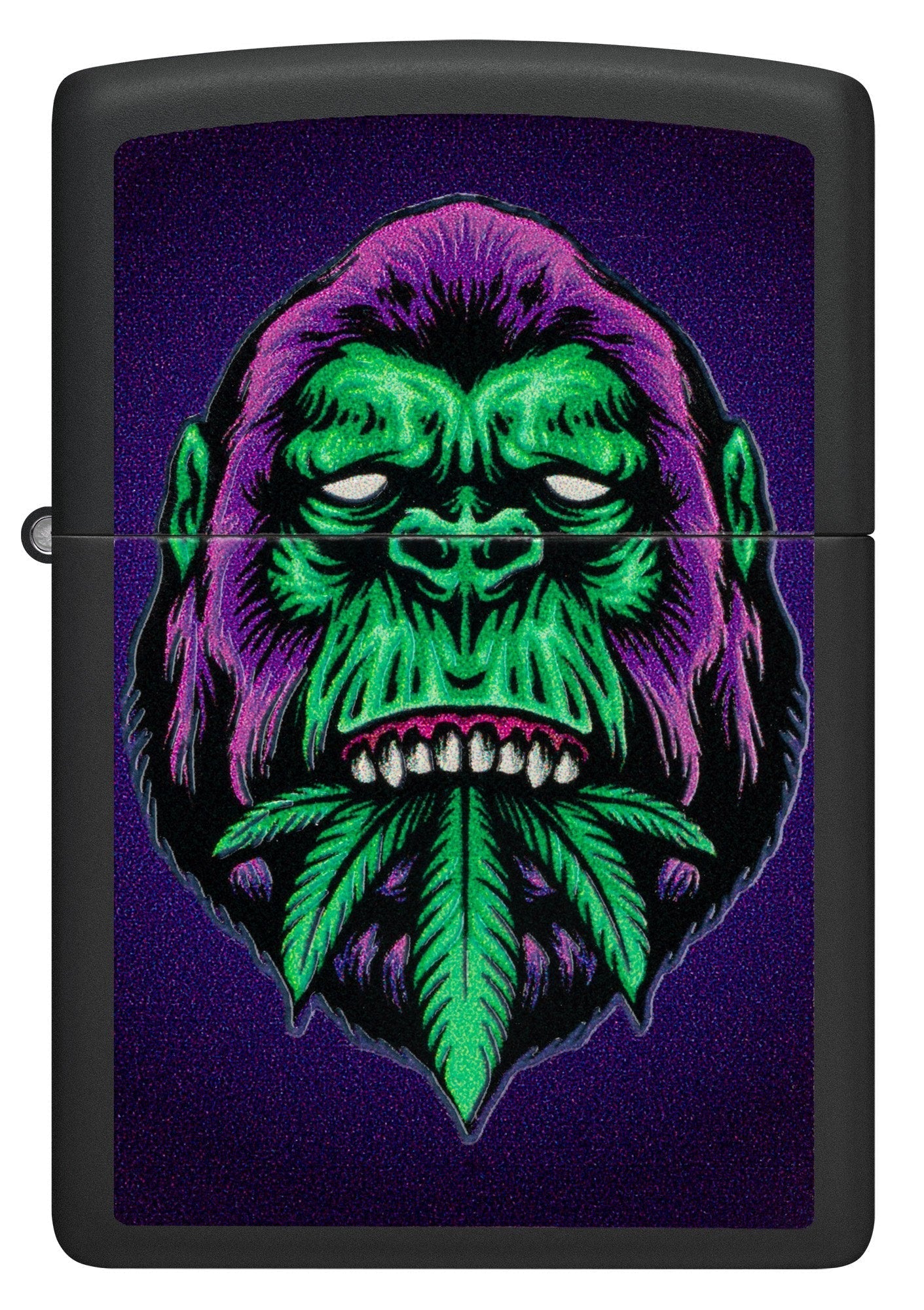 Front view of Zippo Black Light Cannabis Gorilla Design Black Matte Windproof Lighter .