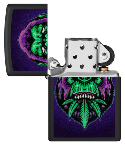 Zippo Black Light Cannabis Gorilla Design Black Matte Windproof Lighter  with its lid open and unlit.