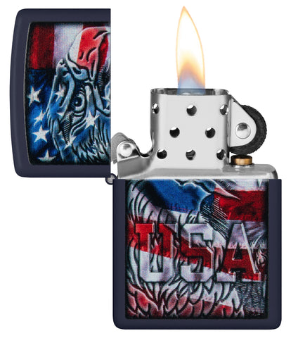 Eagle Flag Design Navy Matte Windproof Lighter with its lid open and lit.
