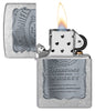 Jack Daniel's Silver Logo Street Chrome Windproof Lighter with its lid open and lit.