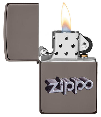 Zippo 3D Logo Design Black Ice® Windproof Lighter with its lid open and lit