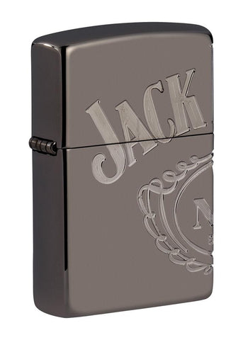 Front shot of Jack Daniel's® Armor® High Polish Black Ice® Windproof Lighter standing at a 3/4 angle