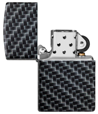 Carbon Fiber Design Windproof Lighter with its lid open and unlit