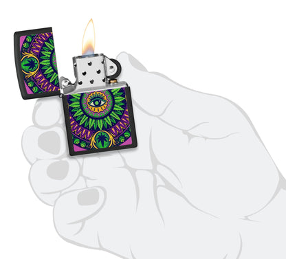 Zippo Black Light Cannabis Pattern Design Black Matte Windproof Lighter lit in hand.