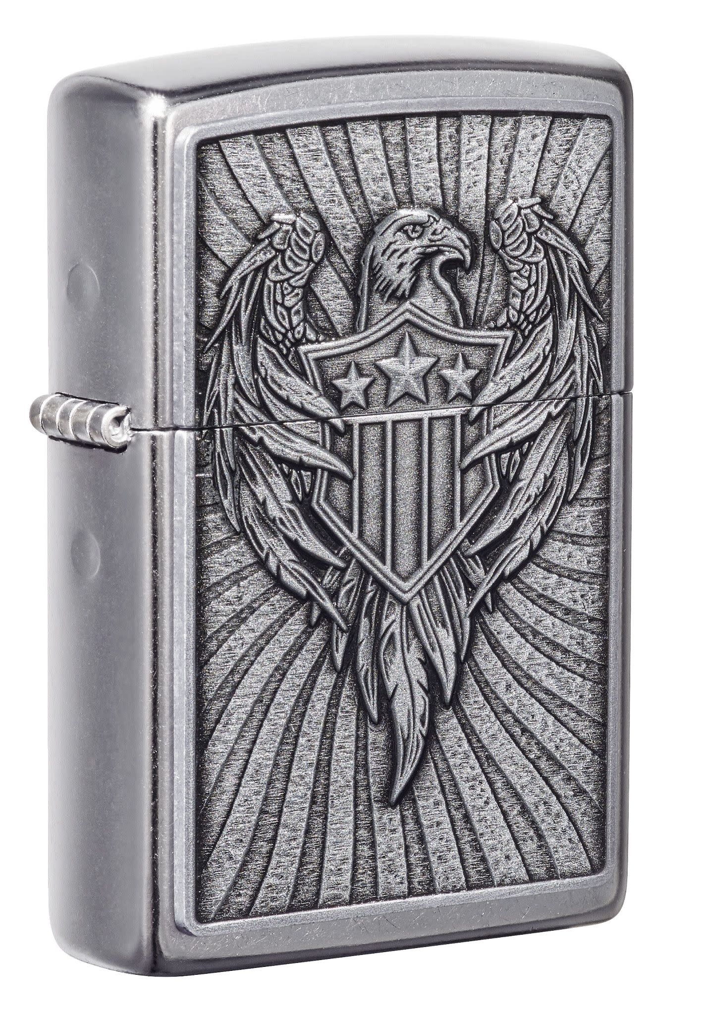 Front shot of Eagle Shield Emblem Design Street Chrome™ Windproof Lighter standing at a 3/4 angle