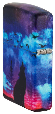 Wolf Howling Design 540 Color Windproof Lighter standing at an angle, showing the back and hinge side of the lighter.