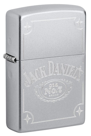 Front shot of Jack Daniel's® Auto Engraved Satin Chrome Windproof Lighter standing at a 3/4 angle.