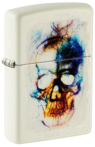 Front shot of Zippo Skull Print Design Glow in the Dark Matte Windproof Lighter  standing at a 3/4 angle.