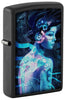 Front shot of Zippo Black Light Cyber Woman Design Black Matte Windproof Lighter standing at a 3/4 angle.