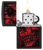 Red Skull Design Black Matte Windproof Lighter with its lid open and lit.