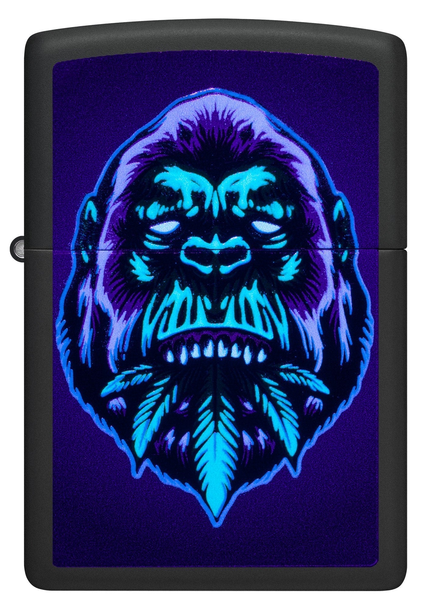 Front view of Zippo Black Light Cannabis Gorilla Design Black Matte Windproof Lighter  glowing with a black light.