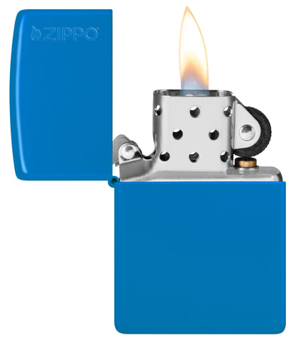 Zippo Sky Blue Matte Zippo Logo Classic Windproof Lighter with its lid open and lit.