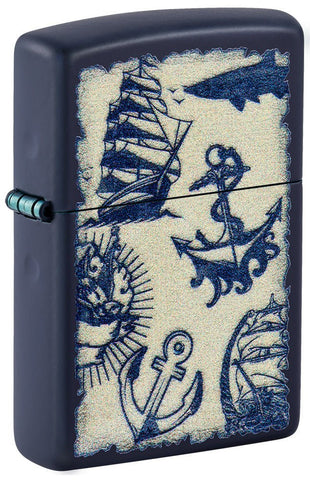 Front shot of Nautical Design Navy Matte Windproof Lighter standing at a 3/4 angle.