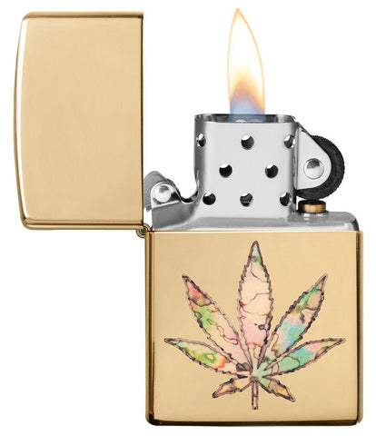 Pot Leaf Fusion Design Windproof Lighter with its lid open and lit