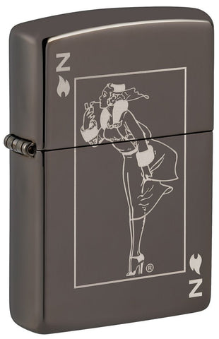 Front shot of Windy Design Card Black Ice® Windproof Lighter standing at a 3/4 angle.