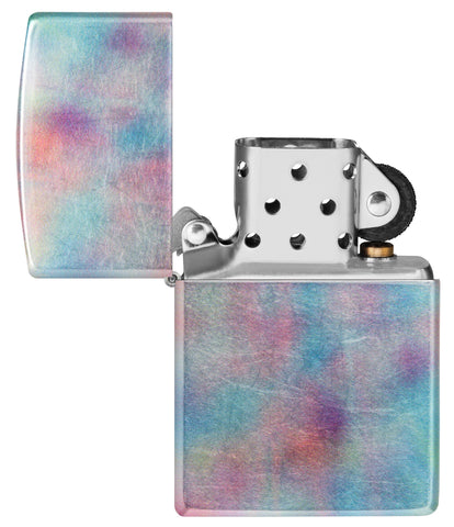 Zippo Holographic Design 540 Fusion Windproof Lighter with its lid open and unlit.