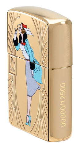 Zippo Windy 85th Anniversary Collectible Armor High Polish Brass Windproof Lighter standing at an angle, showing  the front and the consecutive numbering on the right side of the lighter.