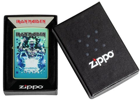 Iron Maiden Eddie Design High Polish Teal Windproof Lighter in its packaging.
