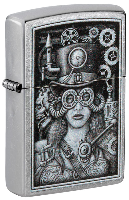 Front shot of Steam Punk Woman Street Chrome Windproof Lighter standing at a 3/4 angle.