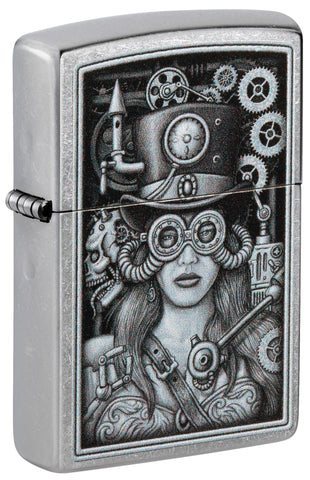 Front shot of Steam Punk Woman Street Chrome Windproof Lighter standing at a 3/4 angle.