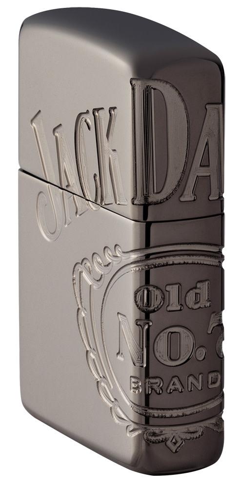 Angled shot of Jack Daniel's® Armor® High Polish Black Ice® Windproof Lighter showing the front and right side of the lighter