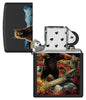 Zippo Linda Pickens Bear Design Black Matte Windproof Lighter with its lid open and unlit.
