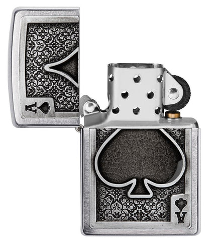 Ace Of Spades Emblem Brushed Chrome Windproof Lighter in its packaging.