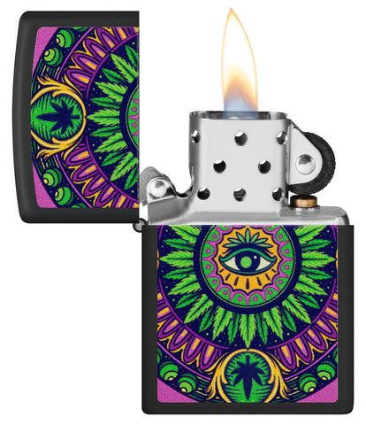 Zippo Black Light Cannabis Pattern Design Black Matte Windproof Lighter with its lid open and lit.