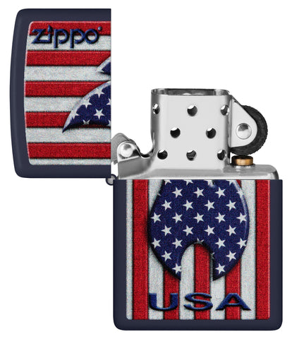Zippo Patriotic Flame Design Navy Matte Windproof Lighter with its lid open and unlit.