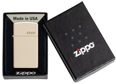 Slim® Flat Sand Zippo Logo Windproof Lighter in its packaging.