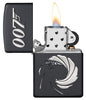 James Bond 007™ Texture Print Black Matte Windproof Lighter with its lid open and lit
