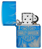 Harley-Davidson 360° Flames High Polish Blue Windproof Lighter with its lid open and unlit.