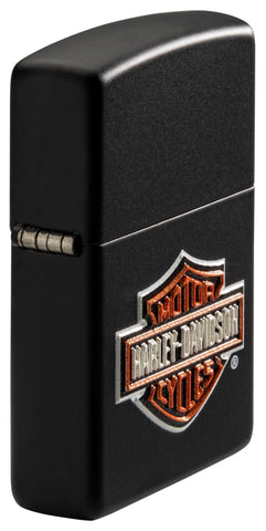 Harley-Davidson® Texture Print Classic Logo Black Matte Lighter standing at an angle, showing off the texture print logo
