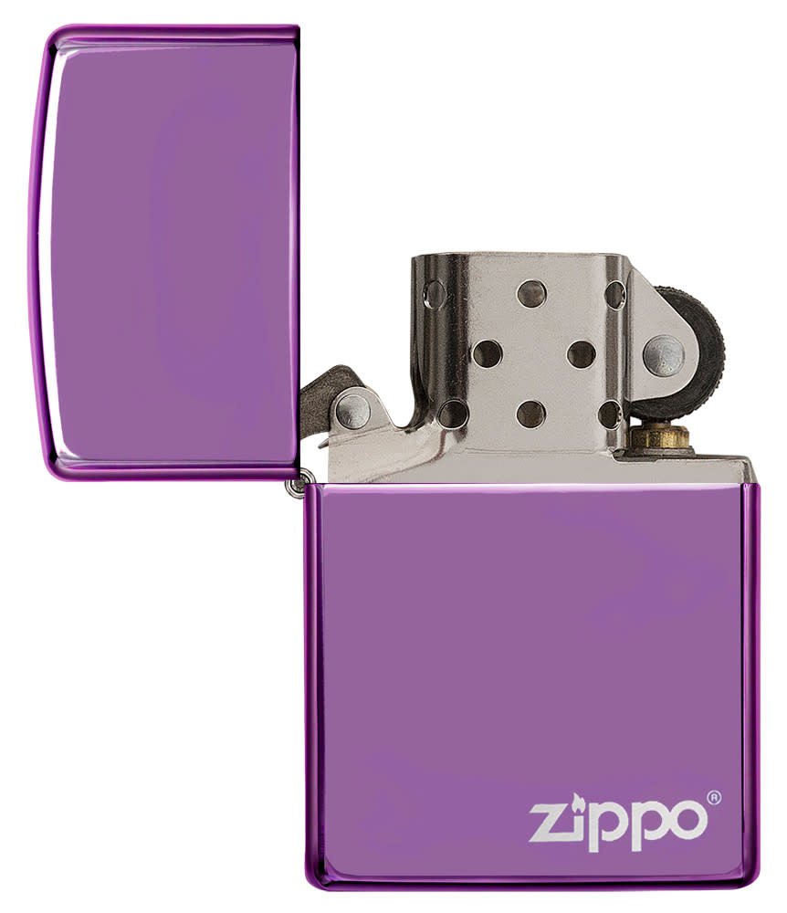 Classic High Polish Purple Zippo Logo with its lid open and unlit.