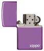 Classic High Polish Purple Zippo Logo with its lid open and unlit.