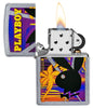 Playboy Beach Rabbit Head Street Chrome™ Windproof Lighter with its lid open and lit.