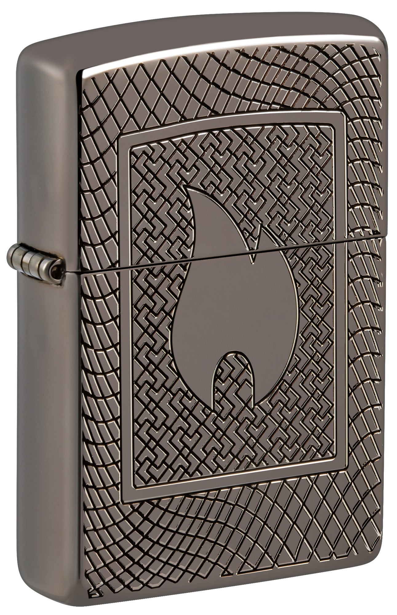 Front shot of Zippo Flame Pattern Design Armor Black Ice Windproof Lighter  standing at a 3/4 angle.