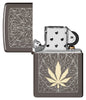 Cannabis Design Laser Two Tone Black Ice Windproof Lighter with its lid open and unlit.