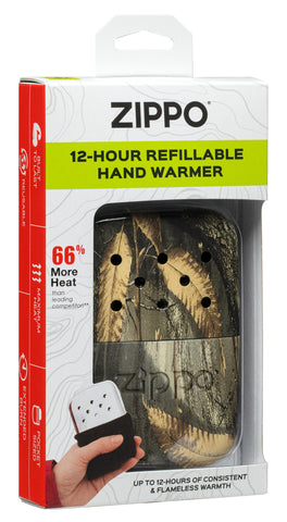 12-Hour Realtree® Edge Refillable Hand Warmer in hand in it's packaging.