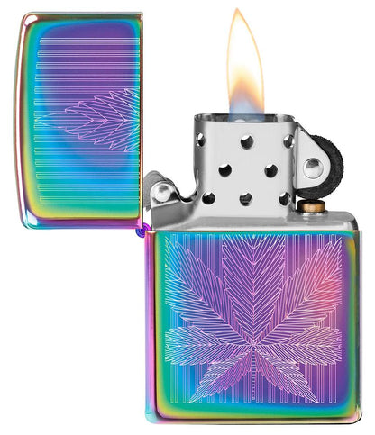 Cannabis Leaf Design Multi Color Windproof Lighter with its lid open and lit.